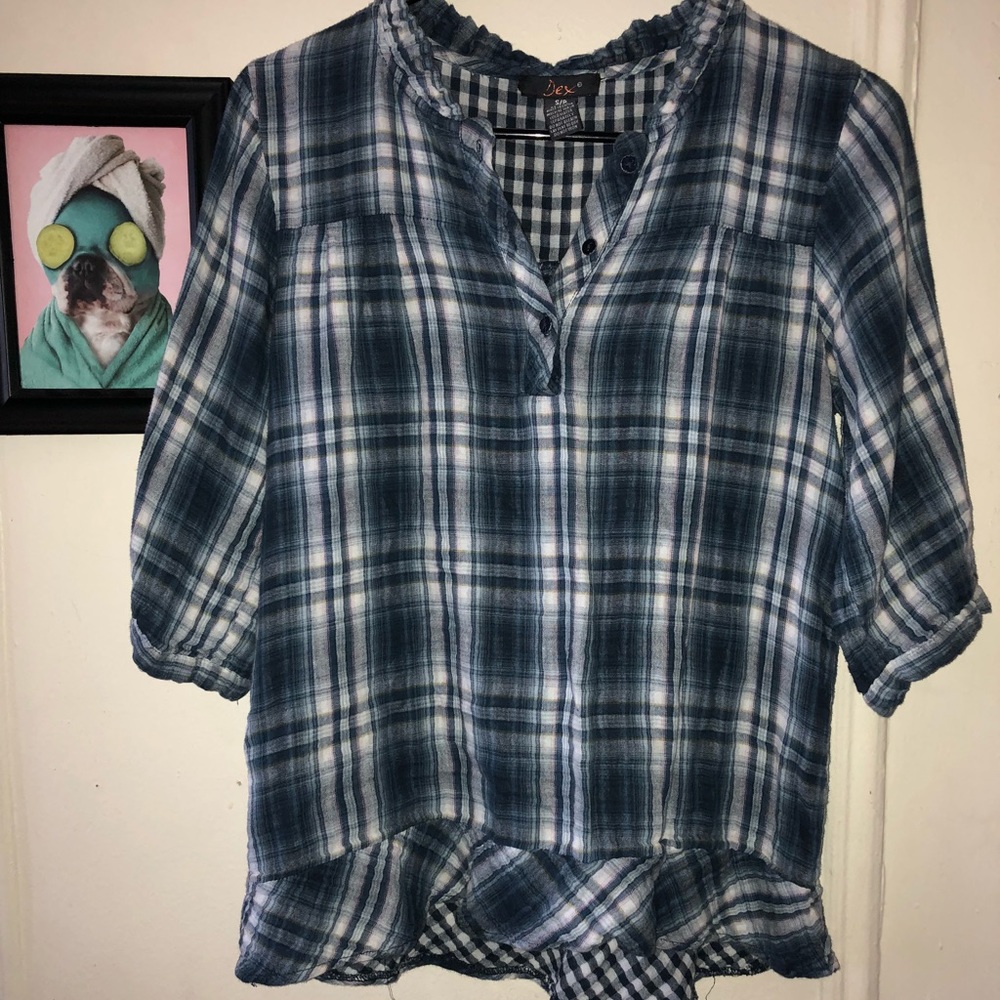 Blue Plaid Quarter Button Top